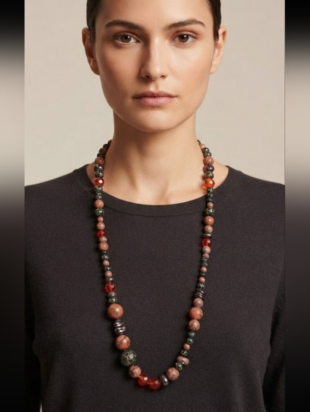 Multicolor Beaded Women's Necklace Coral and Black Crackle Beads 34'